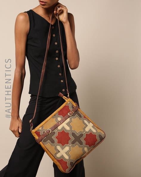 Ajrak Handblock Print Vegan Leather Sling Bag By A BIG INDIAN STORY ( Tan )