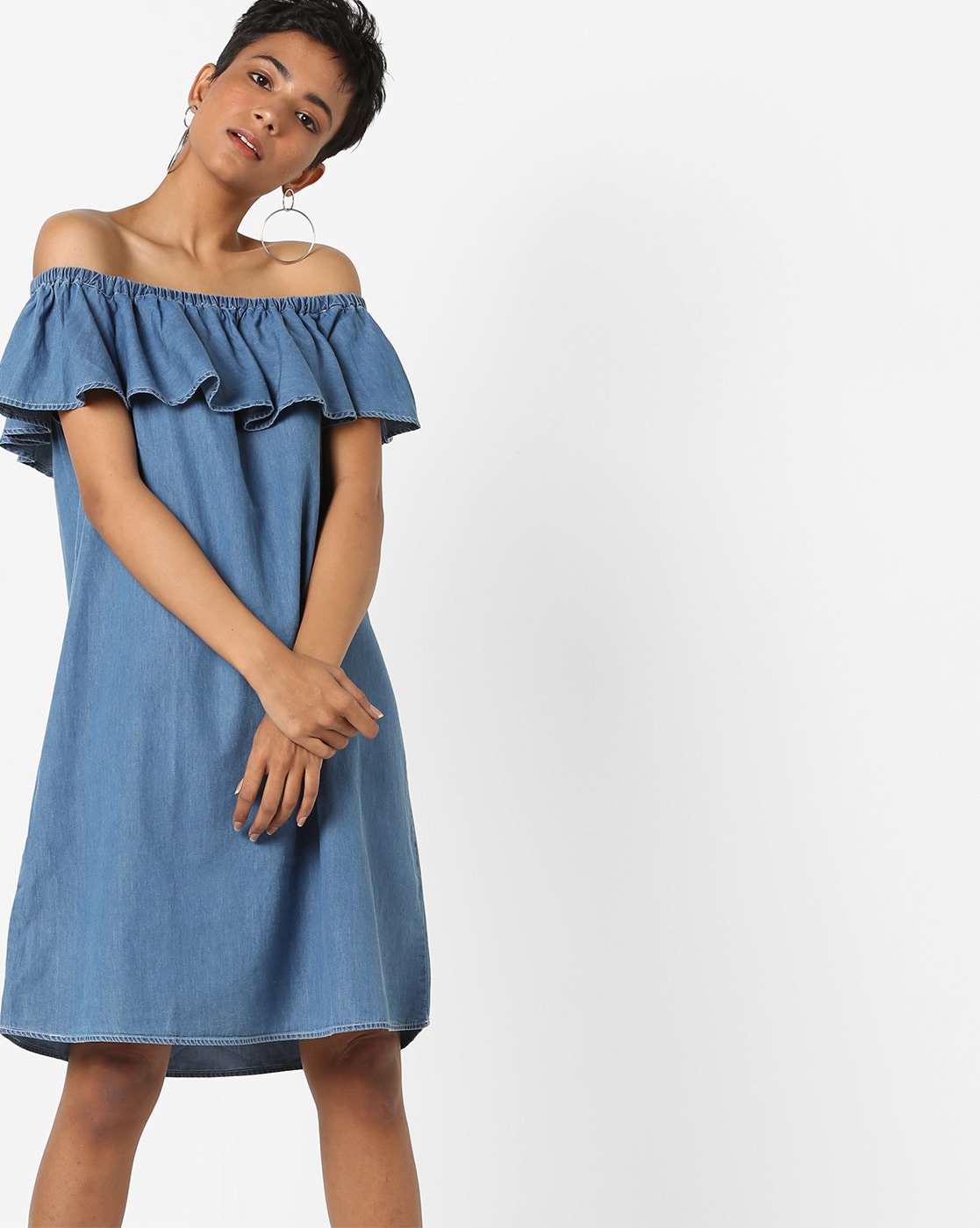 blue off the shoulder ruffle dress