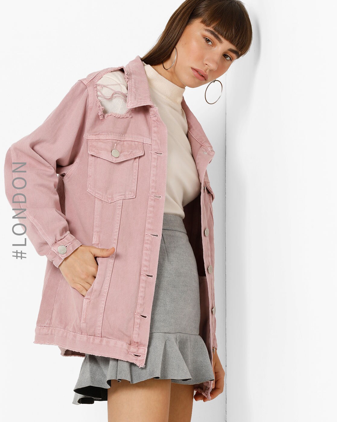 Plus Size Pink Distressed Denim Jacket | Yours Clothing