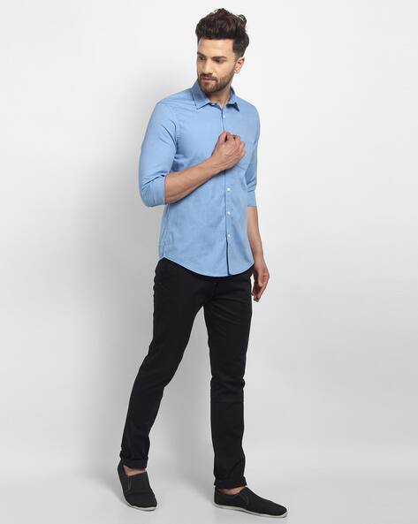 black and sky blue shirt