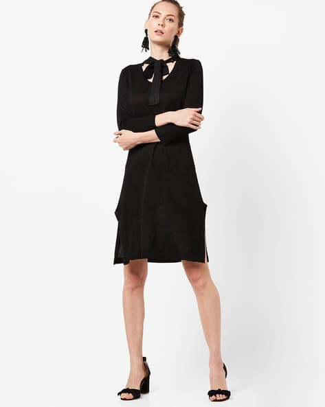 Shift Sweater Dress with Tie Up Neckline Shift Sweater Dress with Tie Up Neckline