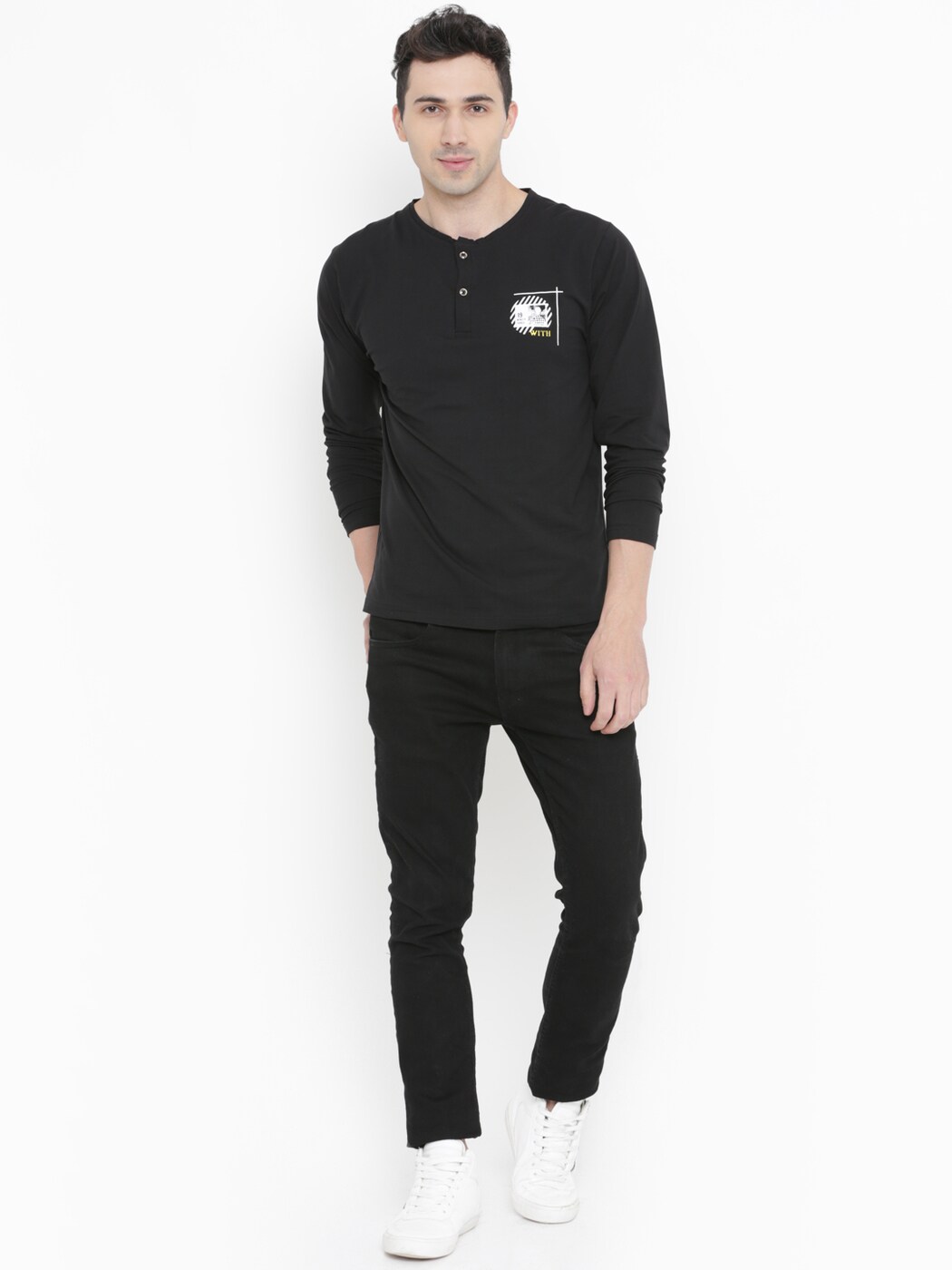 Buy Black WITH Solid Slim Fit Henley T-shirt | AJIO