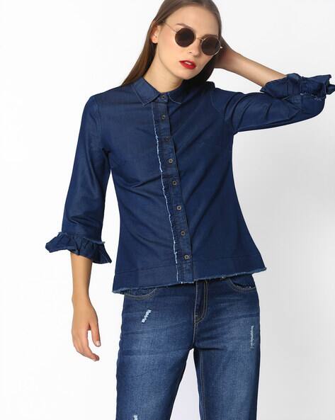 denim shirt with ruffle sleeves