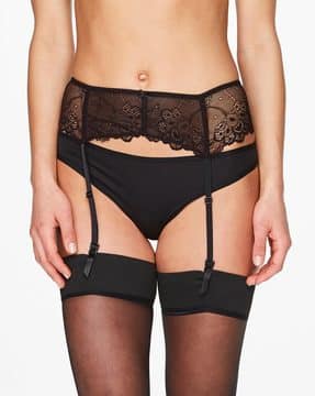 black lace garter belt Hunkemoller Clementine strappy garter belt with hardwear detail in black