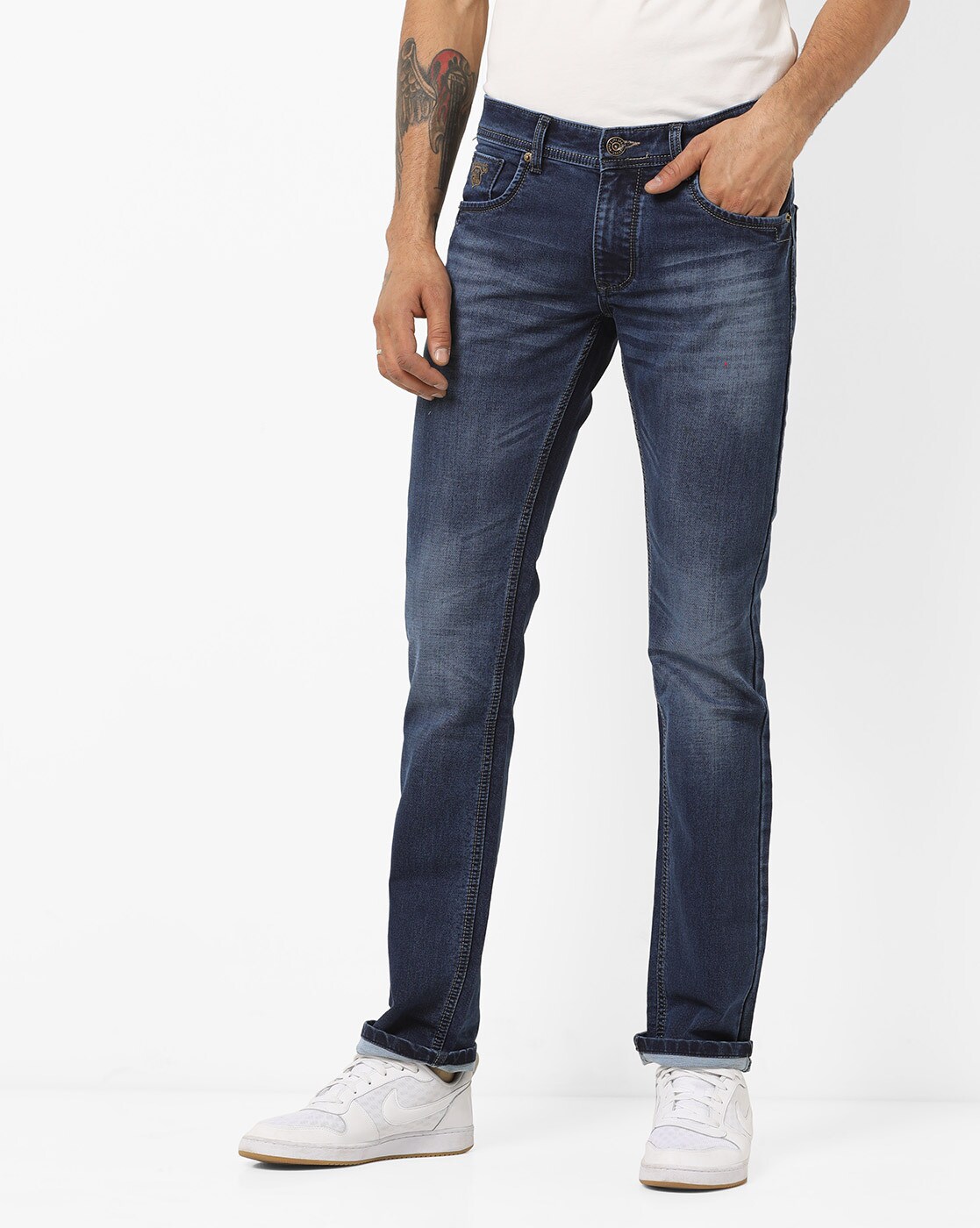 slim dark blue jeans