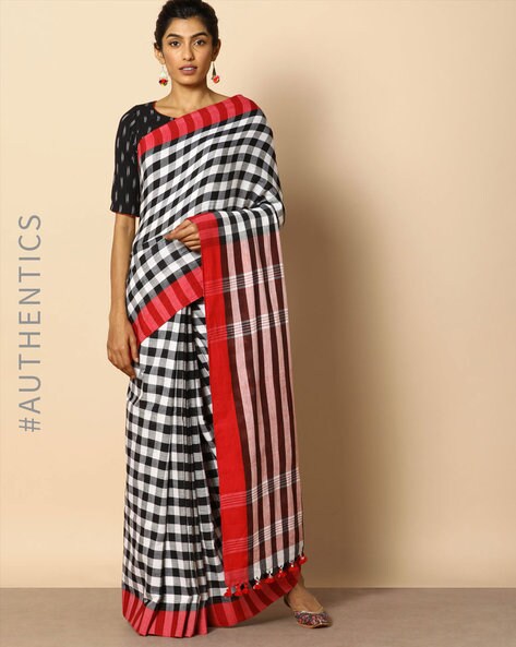 Black White Checks Handloom Soft Silk Saree Ah205883