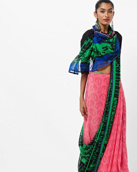 Paisley Print Chiffon Saree With Contrast Pallu By Florence ( Green )