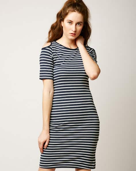 blue and white striped bodycon dress
