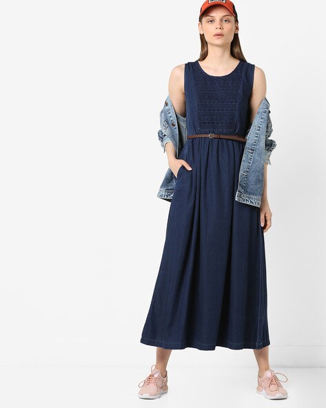 Buy Solid Sleeveless Denim Maxi Dress with Pocket Detail Blue For Women |  Styli UAE