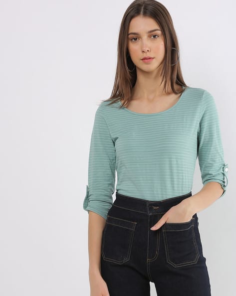 Striped Round-Neck T-shirt with Roll-Up Tabs