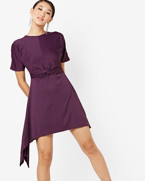 Knot-Front Shift Dress With Asymmetric Hem By AJIO ( Burgundy )