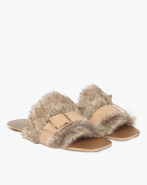 ASOS DESIGN two strap faux fur slippers in black | ASOS