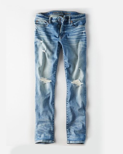 Mid-Wash Slim Fit Distressed Jeans