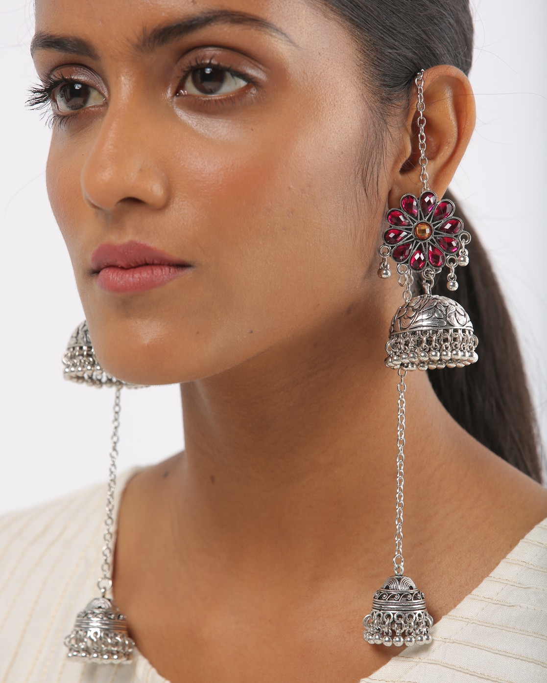 Buy ANTICO Traditional Ethnic Fancy Chain WHITE Oxidized Jhumka Earrings  for Girls and Women Online at Best Prices in India  JioMart