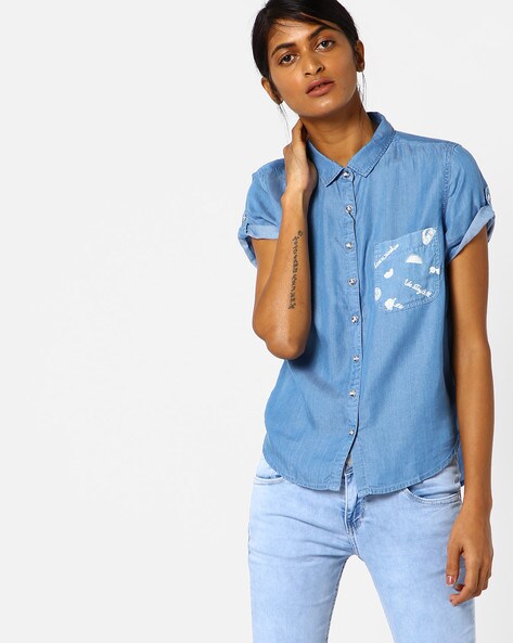 Buy ONLY Blue Denim Shirt - Shirts for Women 1155931 | Myntra