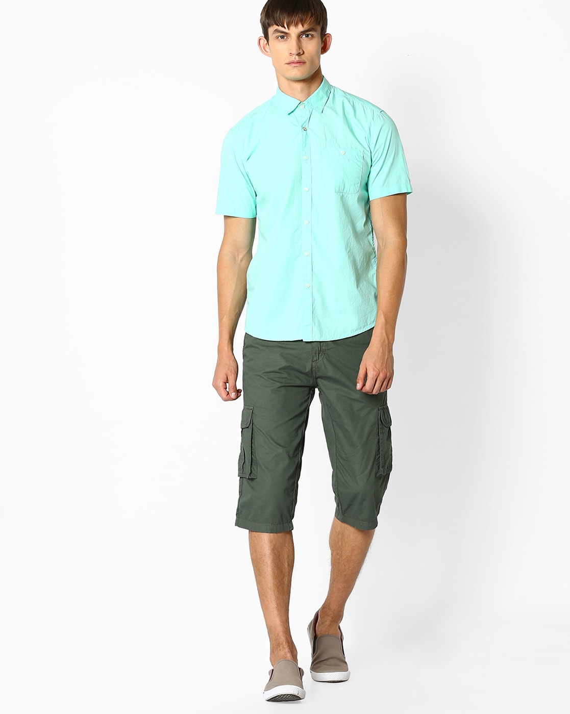 Mens Cotton Three Fourth Capri Shorts With Two Zippered Pockets