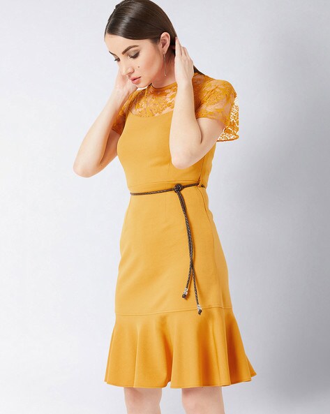 mustard yellow fit and flare dress