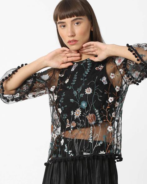 black sheer embroidered top