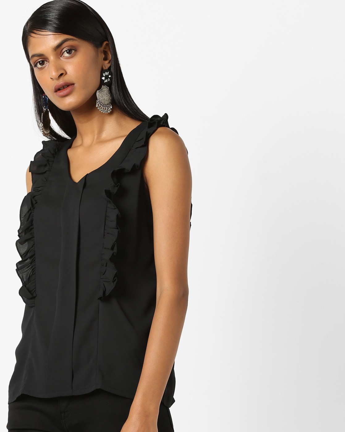 black ruffle sleeveless top