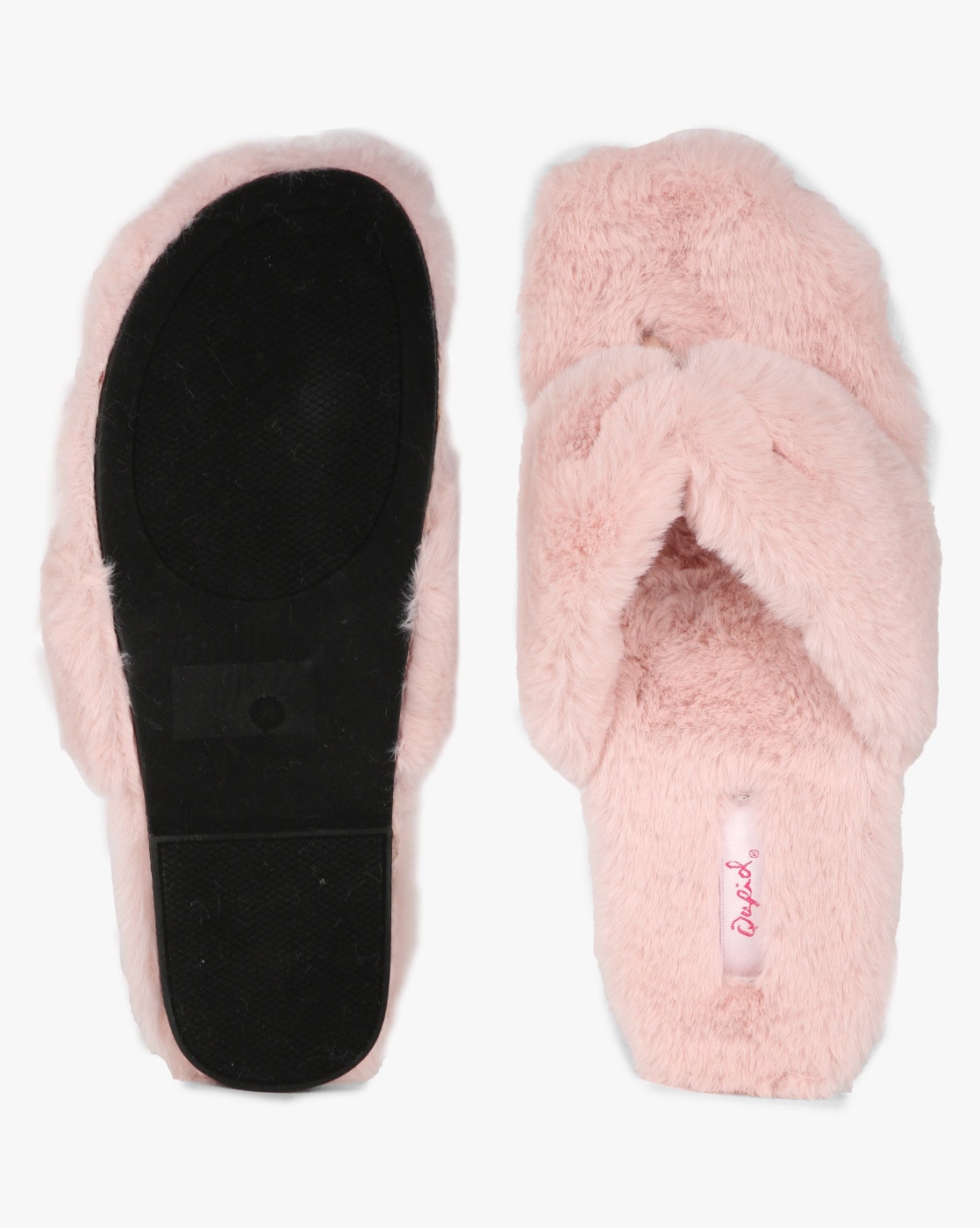 Kulture fluffy printed detail flat best sale slipper in pink faux fur