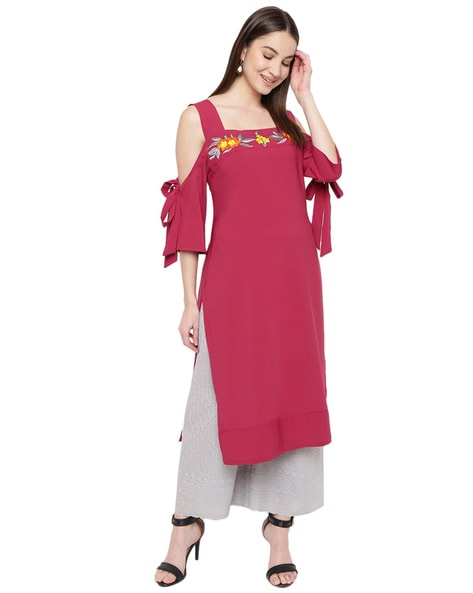 Yellow Cotton Cold Shoulder Ethnic Designer Kurti - Monika Fashion - 2947448
