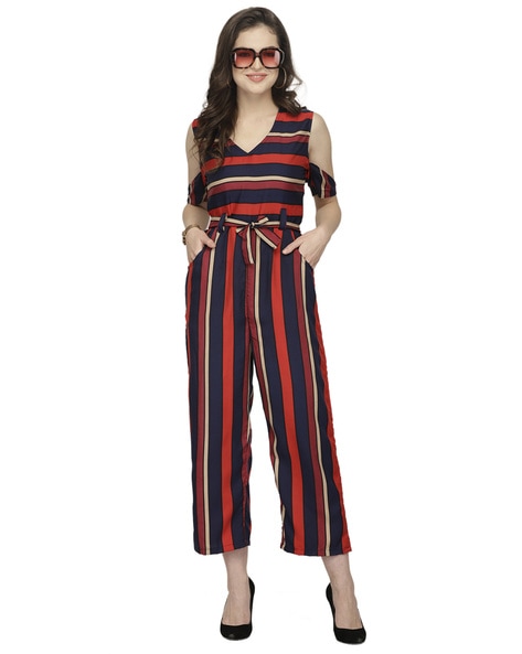 red cold shoulder jumpsuit