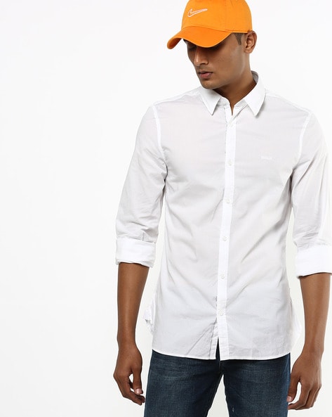 Hollister icon logo short sleeve slim fit oxford shirt in white