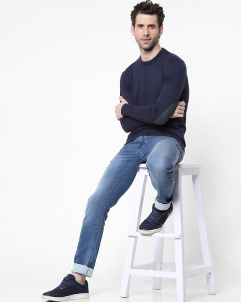 navy sweater with elbow patches