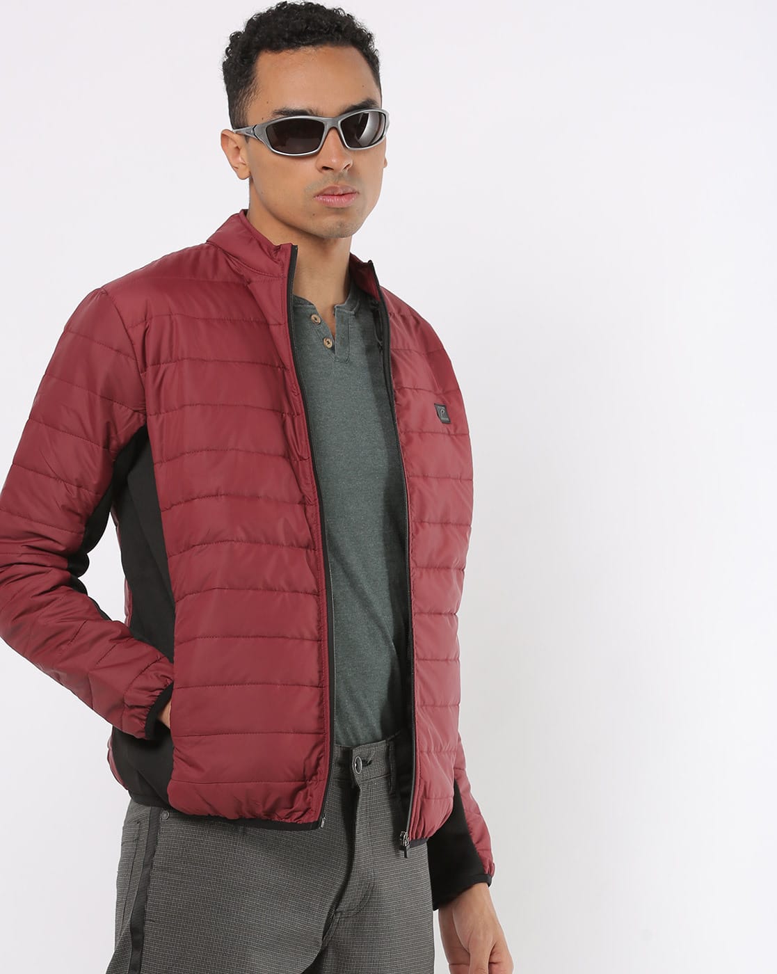 red quilted bomber jacket