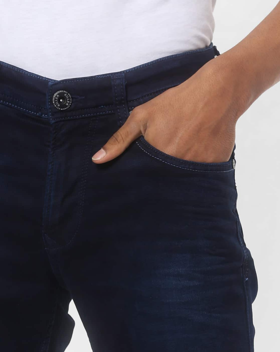 Men Lightly-Washed Slim Fit Jeans with Whiskers