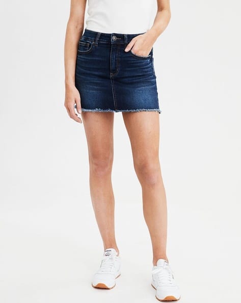 Denim Straight Skirt with Frayed Hem