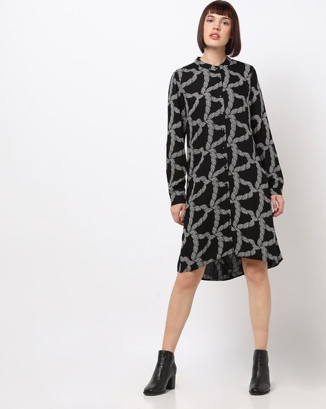 Printed Shirt Dress with Mandarin Collar