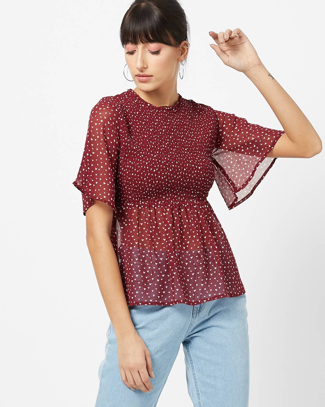 Printed Fit & Flare Top with Tie-Up