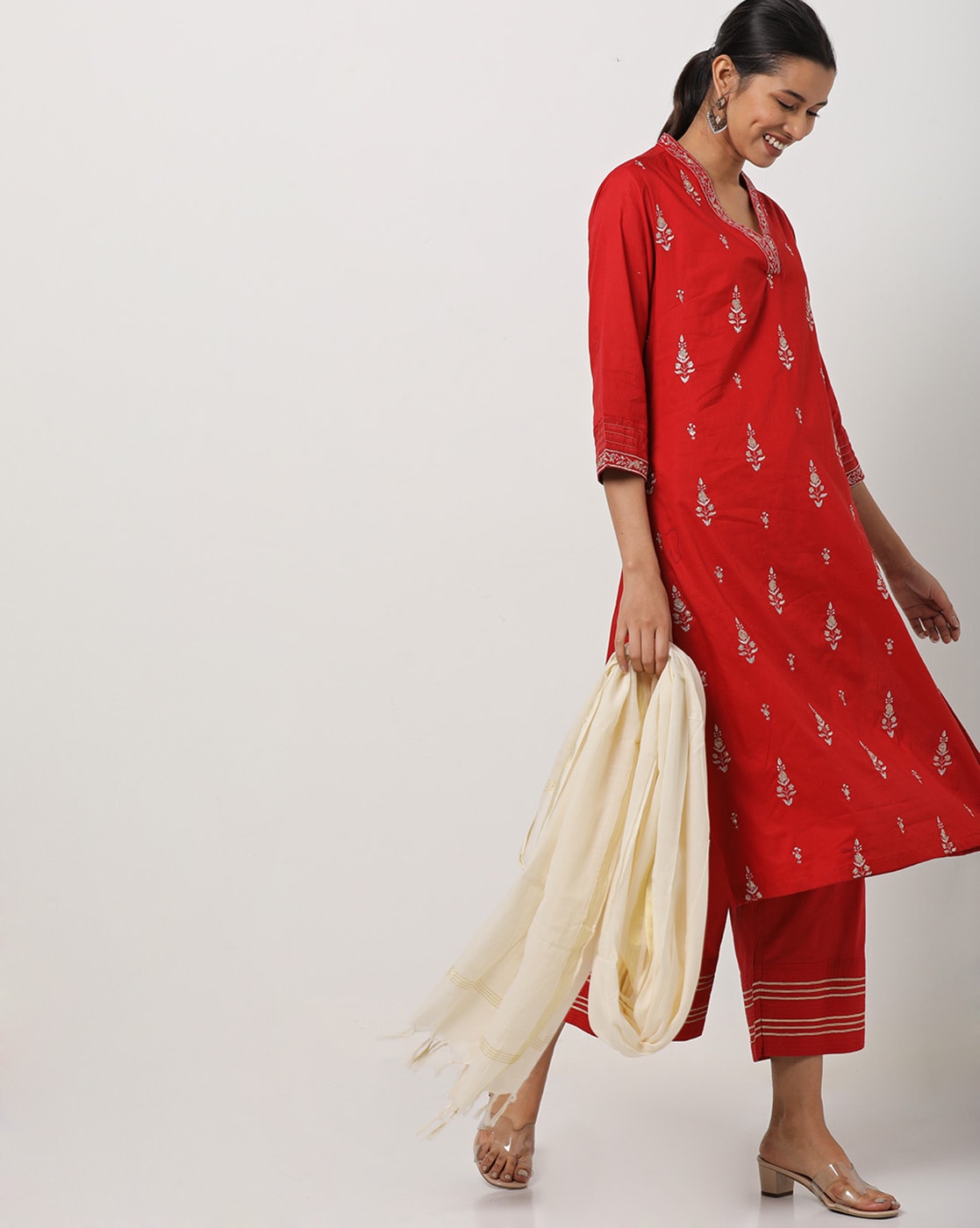 Grey front slit brocade kurta with red palazzo and dupatta  set of three  by The Weave Story  The Secret Label