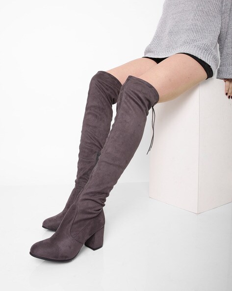 Lace Back Block Heel Over The Knee High Boots | Boohoo UK