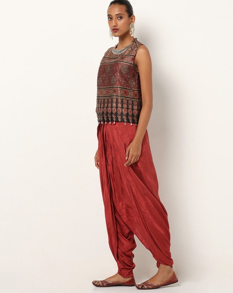Women Rayon Embroidered Crop Top Kurti With Dhoti Pants
