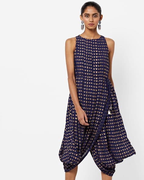 Geometric Print A-line Dress With Dhoti Hems By Global Desi ( Blue )
