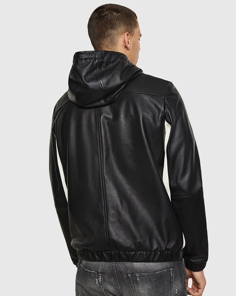 diesel black colourblock leather hooded jacket