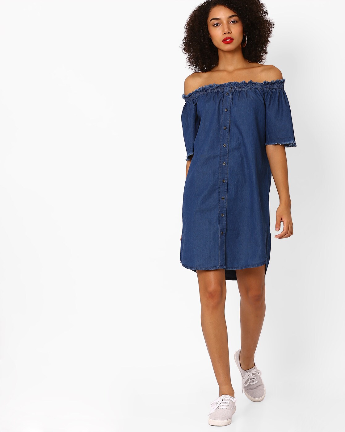 Off the shoulder store denim shirt dress