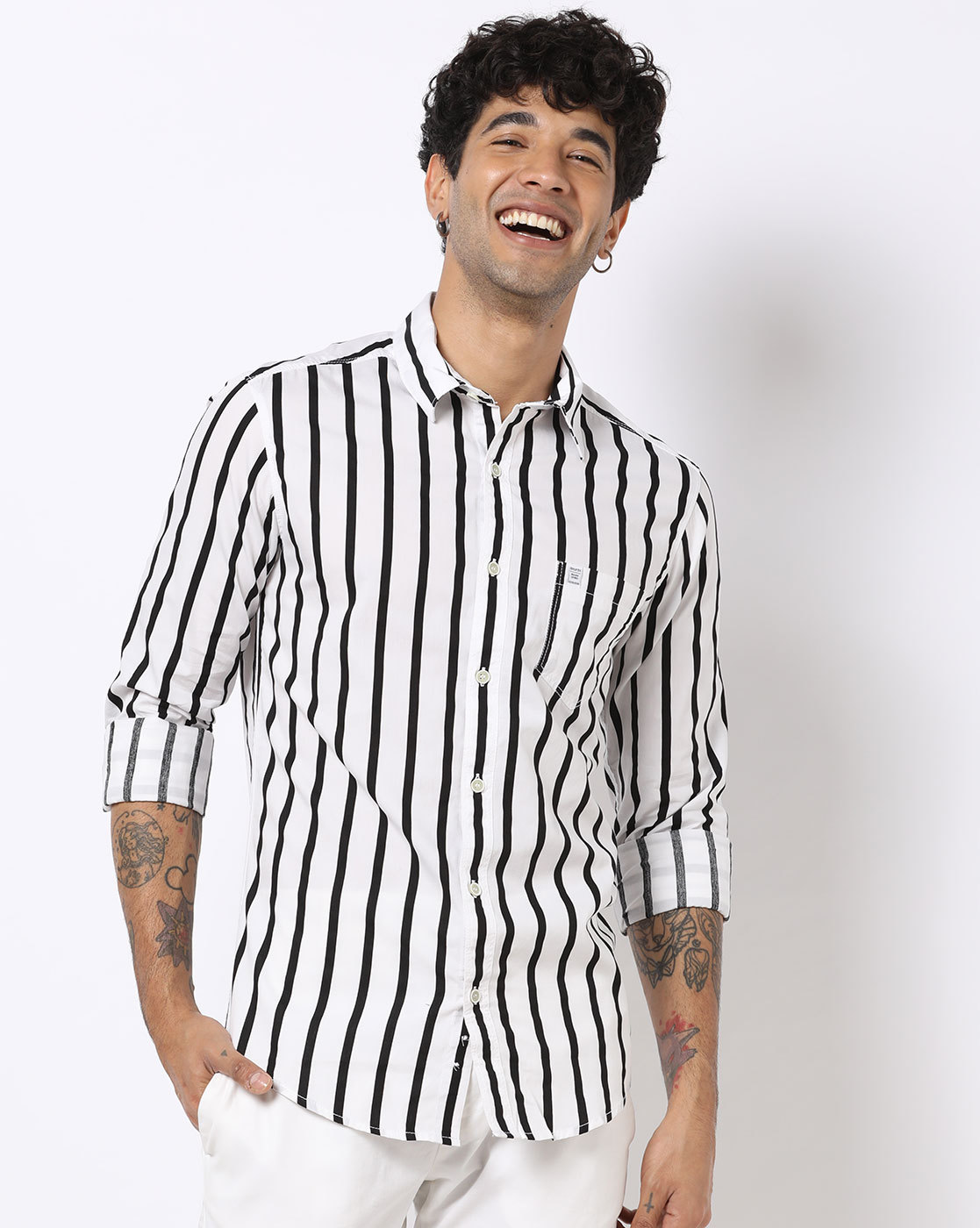 Striped Slim Fit Shirt With Patch Pocket | atelier-yuwa.ciao.jp