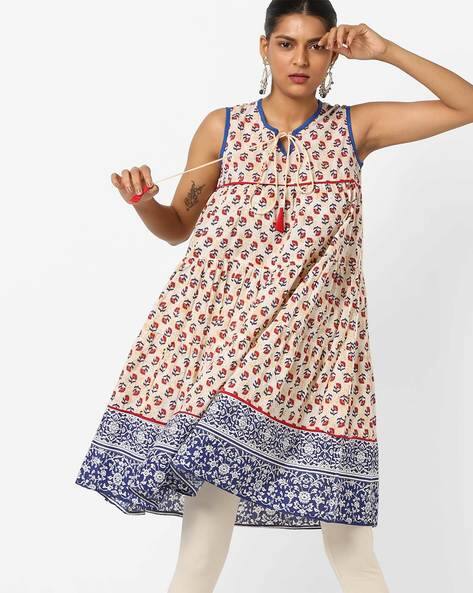Floral Print Tiered Dress With Tie-Up Neckline By Jiyaa ( Beige )