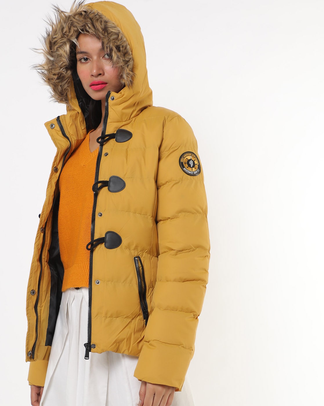 yellow jacket with fur hood