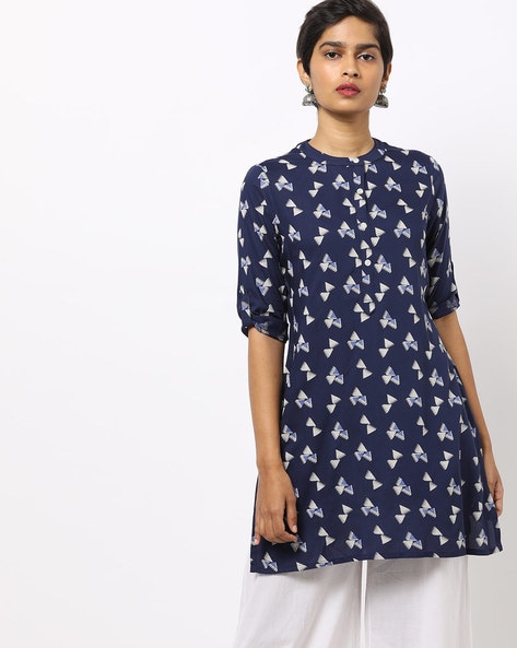 Printed A-line Kurti with Band Collar