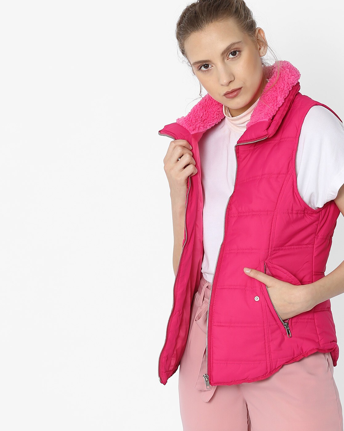 pink sleeveless jacket