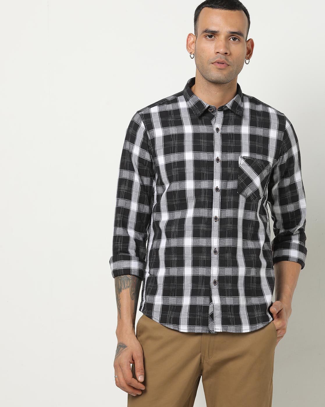 black jeans check shirt