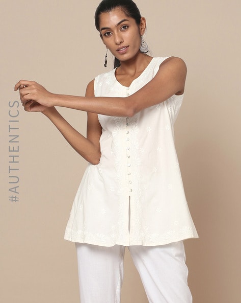Buy NoorElazaro Womens Kurta  Plain Solid Cotton ALine Sleeveless Kurti  With Buttoned Front Round Neck White M at Amazonin
