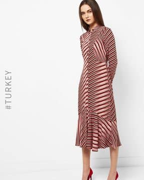 Striped Woven A-line Dress with Flared Hemline