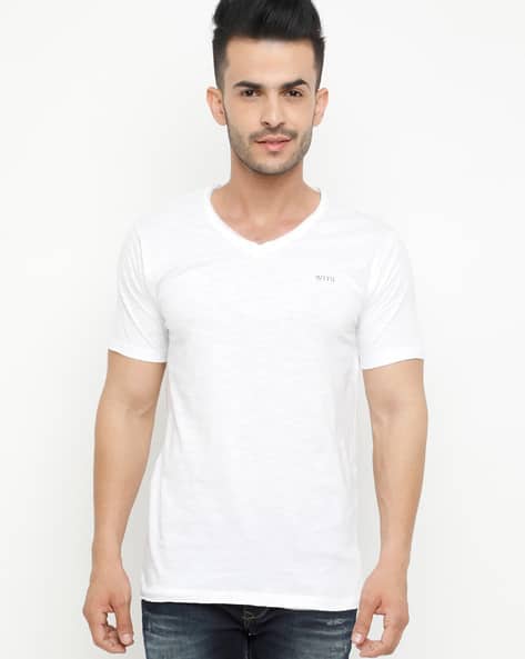 Buy White WITH Solid Slim Fit V-neck T-shirt | AJIO