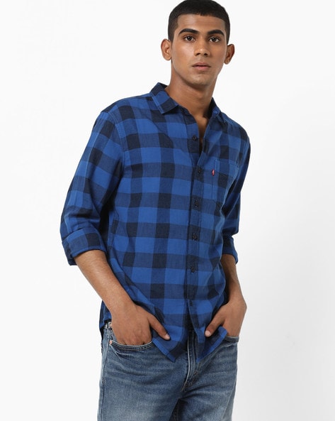 blue and black check shirt