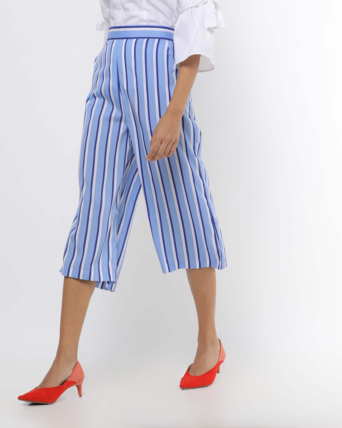 New Womens High Waisted Striped Print Elasticated Culottes Ladies Shorts Pants